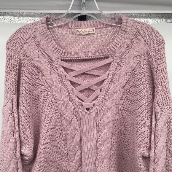 It's Our Time Cable Knit Sweater Criss Cross Neck Long Sleeve Pink Size Large - Picture 2 of 9